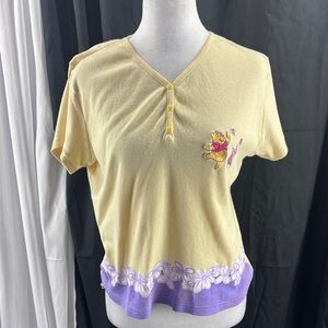 Disney Women's Yellow Tee with Winnie the Pooh and Purple Floral Hem